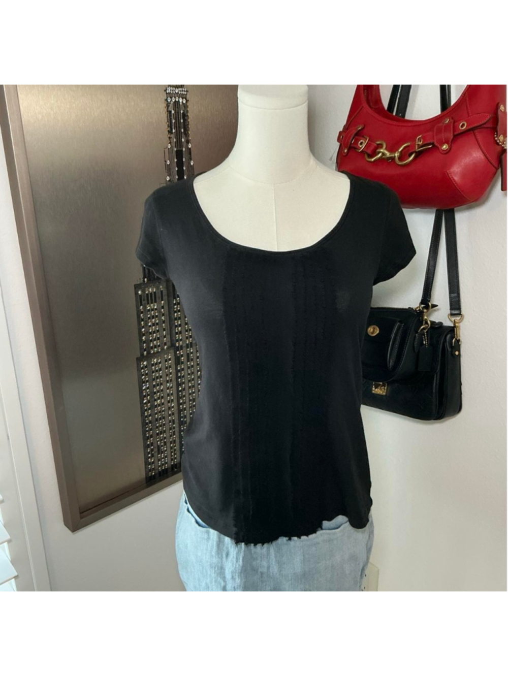 LOFT Petites Black Distressed Raw Edge Scoop Neck Tee XS